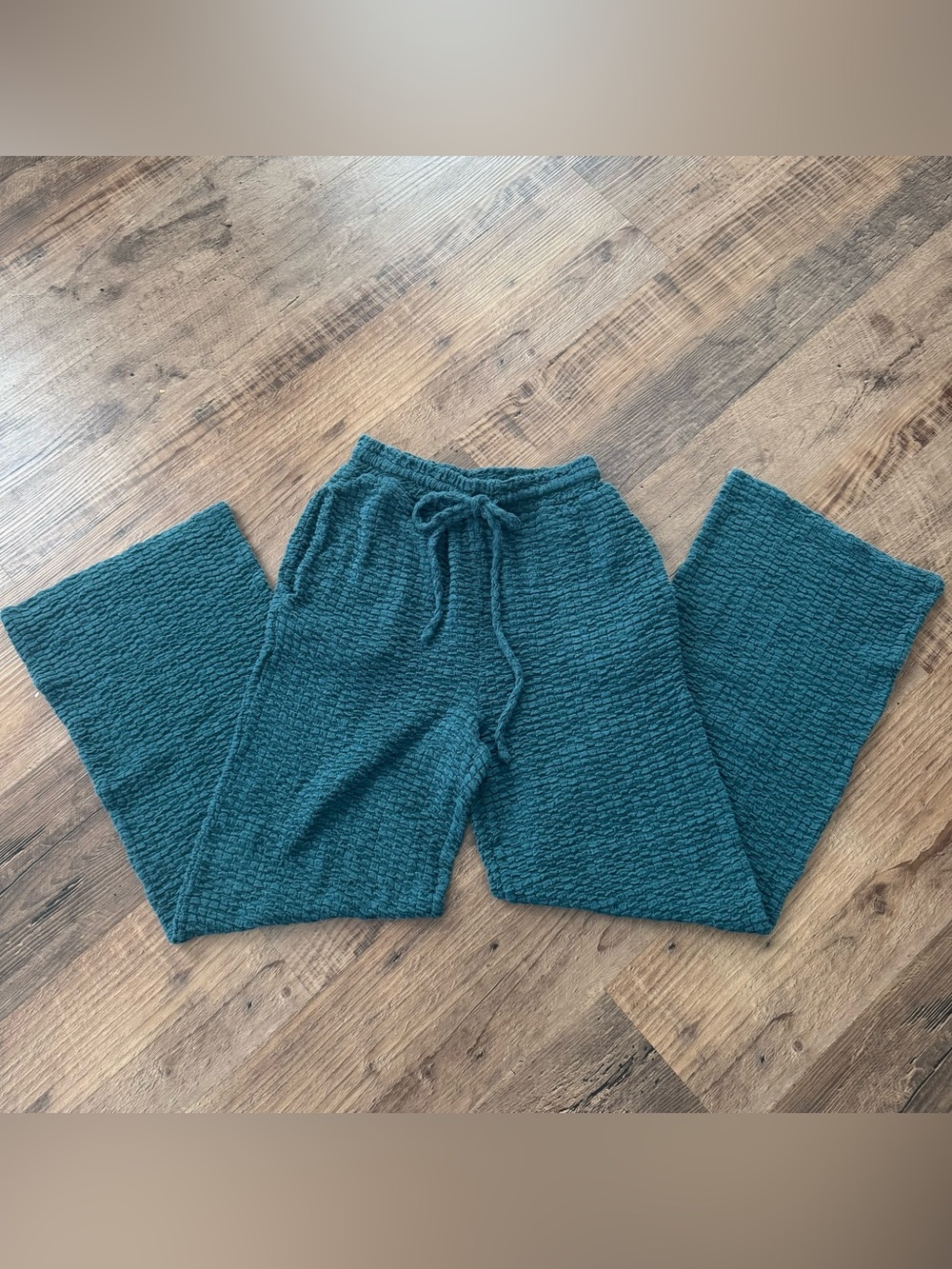 Good Luck Gem XS Teal Textured Lounge Pants Wide Leg Drawstring Stretch Pull On